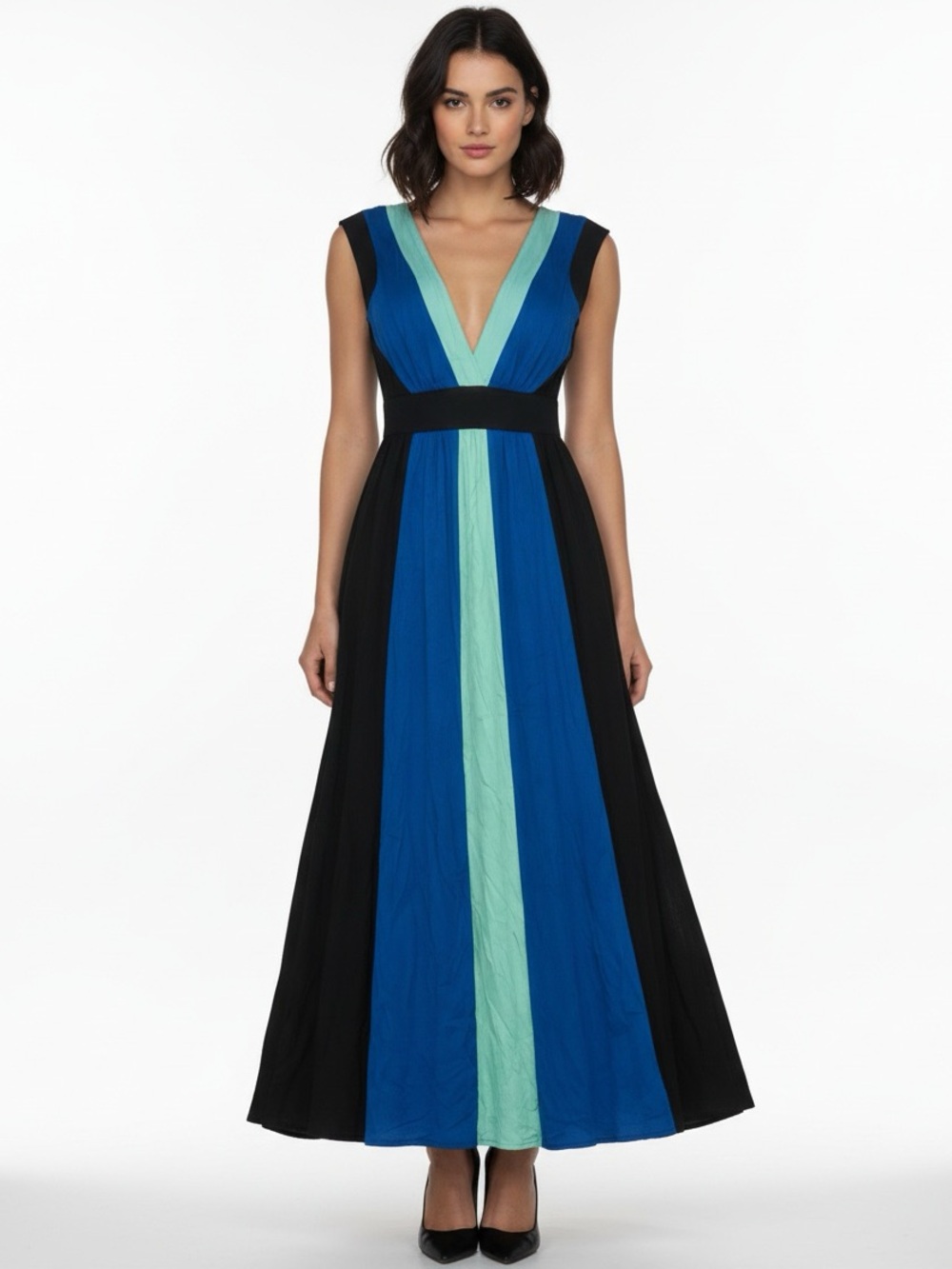 Colorblock V-Neck Maxi Dress in Black Blue and Teal Size Medium